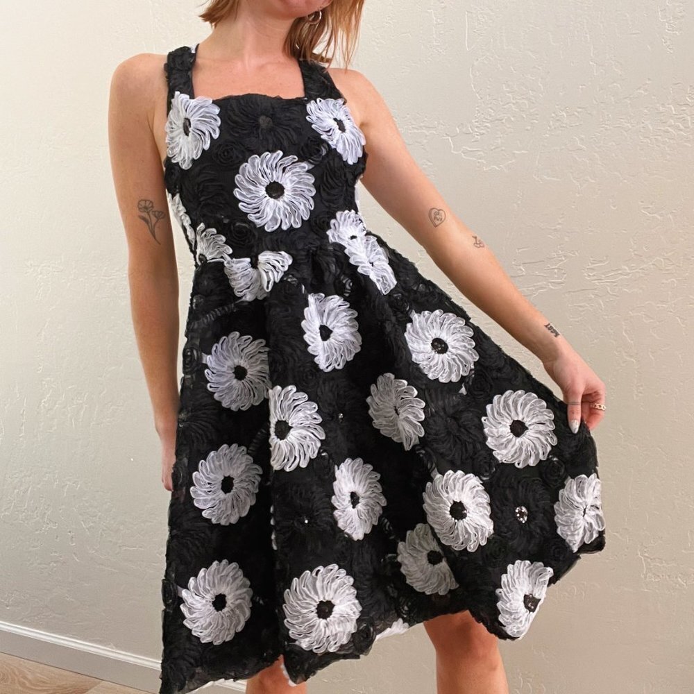 Black Tulle Daisy Flower Embellished Fit + Flare Dress